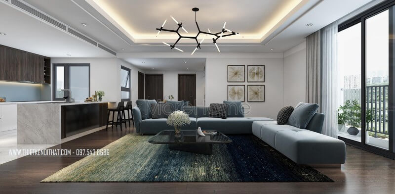 Trang trí nội thất phòng khách với gam màu xanh trẻ trung, năng động, đồ nội thất hiện đại đơn giản nhưng đáp ứng công năng. Mẫu nội thất chung cư hiện đại