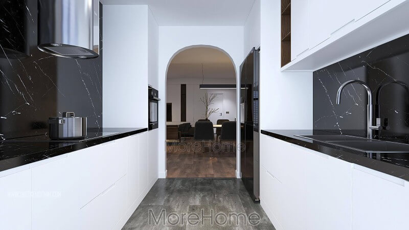 Không gian phòng bếp sang chảnh tiện nghi với mẫu đồ nội thất được làm bằng gỗ Acrylic bóng gương Mẫu nội thất chung cư hiện đại