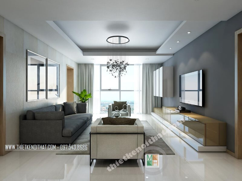 Mẫu thiết kế nội thất chung cư đơn giản với bộ sofa vải hiện đại tạo điểm nhấn nổi bật cho căn phòng. Mẫu nội thất chung cư hiện đại