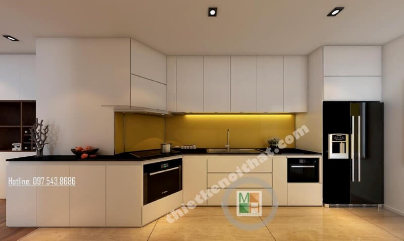 Lựa chọn 2 tone màu đen và trắng đóng vai trò chủ đạo, mẫu thiết kế nội thất phòng bếp chung cư mang lại cảm giác sang trọng và tinh tế hơn bao giờ hết Thiết kế phòng bếp, tủ bếp đẹp