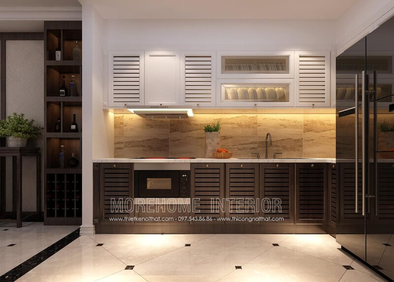 Tủ bếp chữ i với thiết kế hiện đại, đơn giản kết hợp chất liệu, màu sắc tương phản mang lại cảm giác căn hộ rộng hơn thực tế Tủ bếp chữ i