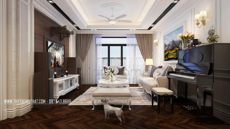 Bộ sofa khung gỗ tự nhiên được đặt chính giữa không gian tạo cảm giác vững chãi và tiện nghi hơn cho gia chủ trong quá trình sử dụng Thiết kế phòng khách chung cư
