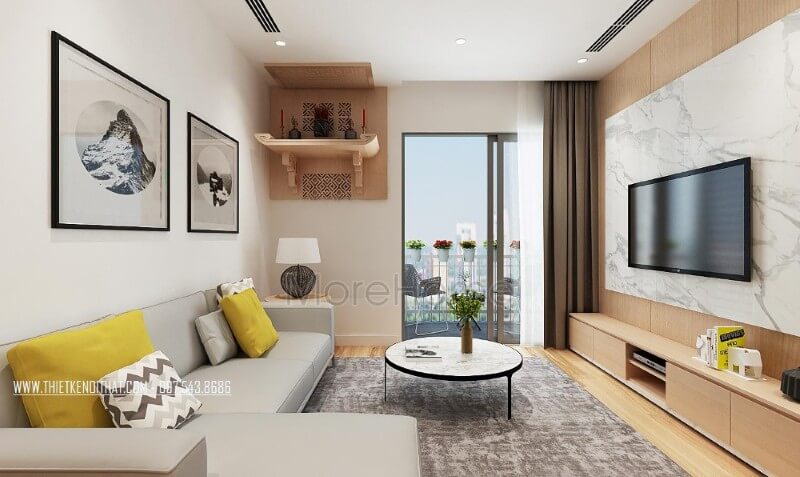 Thiết kế sofa đặt tại phòng khách có màu xám sáng đơn giản, không cầu kỳ chi tiết mà sử dụng hầu hết là các đường nét tối giản gợi một không gian sống năng động Thiết kế phòng khách chung cư