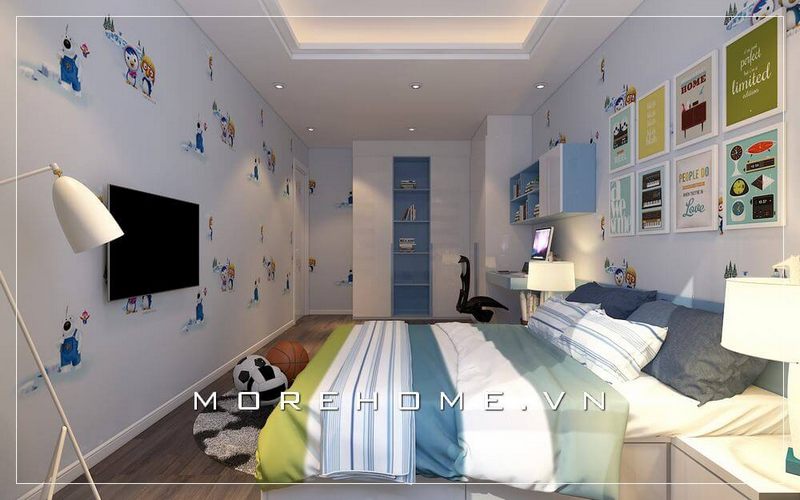 Trang trí nội thất phòng ngủ bé trai cá tính, cùng cách trang trí học tiết màu xanh được gia chủ lựa chọn nhằm mang đến sự tươi mới và sinh động thể hiện cá tính của con