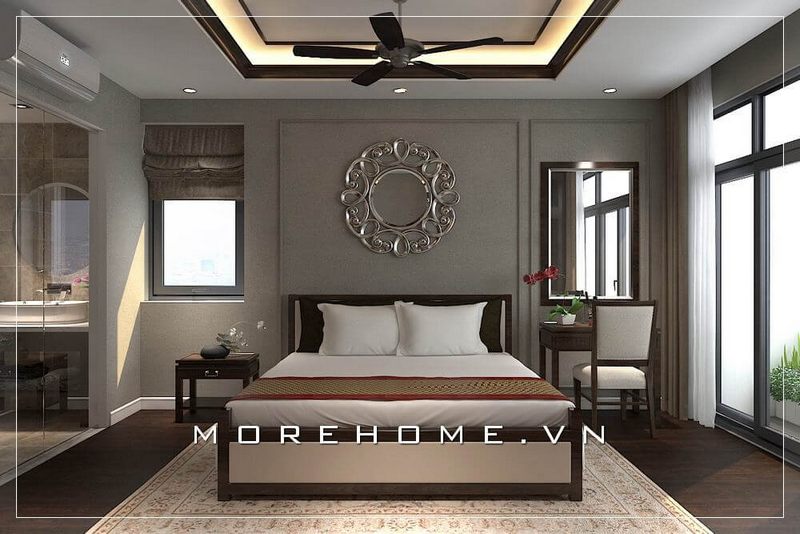 Thiết kế giường ngủ hiện đại, gia chủ lựa chọn gam màu trung tính cùng màu với nội thất khác tạo nên sự sang trọng, liền mạch hơn cho căn phòng